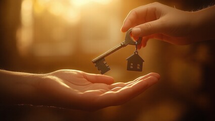 Handing over house key with house-shaped keychain to new homeowner in warm, golden light.