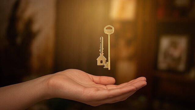 Golden keys, one shaped like a house, floating above a waiting palm, suggesting real estate or property handover.
