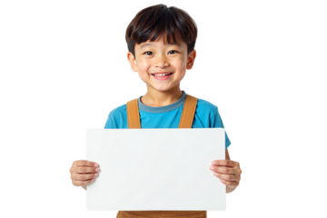 Portrait of a smiling young boy holding blank white sign for your message. Cheerful child with placard for announcements, ads. Isolated on transparent background.