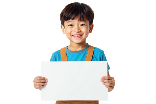 Portrait of a smiling young boy holding blank white sign for your message. Cheerful child with placard for announcements, ads. Isolated on transparent background.