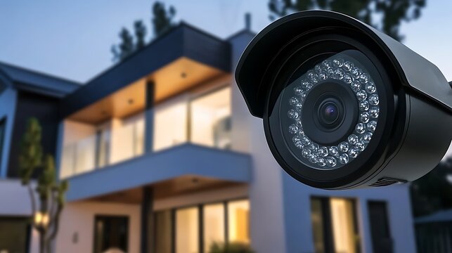 Exterior security camera focused on modern home at dusk