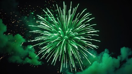 Vibrant green fireworks exploding in the night sky surrounded by dark clouds