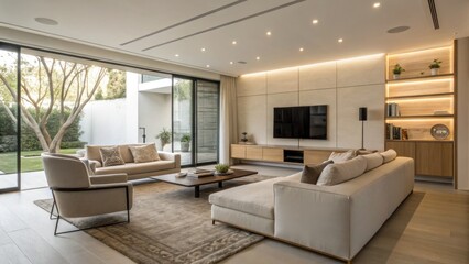 A modern living room featuring stylish furniture, natural light, and a view of a garden, creating a cozy yet elegant atmosphere.
