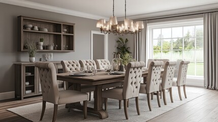 Fototapeta premium Elegant dining room with large wooden table, upholstered chairs, built-in shelving, and a chandelier.
