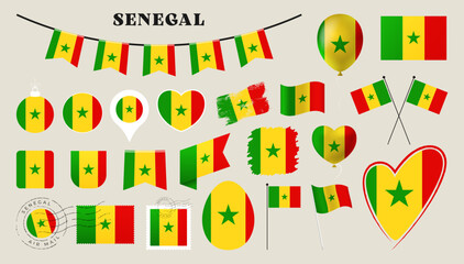 senegal flag set. Various National flag collection with different shapes like heart, shield, easter egg, location, circle, postmark, grunge, square, round and rectangle vector illustration