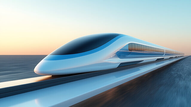 sleek, futuristic hyperloop train glides along high speed track at sunset, showcasing advanced transportation technology and innovation in sustainable travel