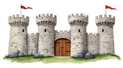 Obraz premium Watercolor Stone Castle Illustration Four Towers, Wooden Gate, Fantasy Concept, Medieval Design, Castle Art Castle illustration, watercolor painting