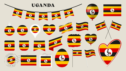 uganda flag set. Various National flag collection with different shapes like heart, shield, easter egg, location, circle, postmark, grunge, square, round and rectangle vector illustration