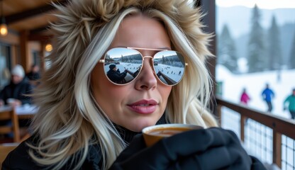 Young Woman with Sunglasses Enjoying Coffee in Winter Wonderland