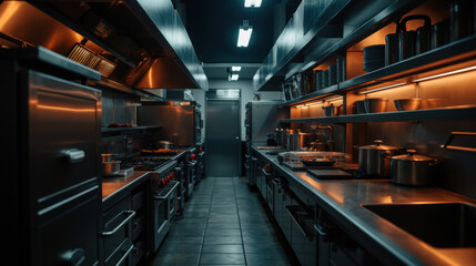 Fototapeta premium modern commercial kitchen with stainless steel appliances and warm lighting, showcasing professional cooking environment