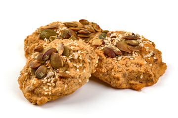 Homemade Seed Cookies with Pumpkin and Sesame Seeds Isolated on White Background.