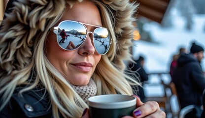 Obraz premium Young Woman with Sunglasses Enjoying Coffee in Winter Wonderland