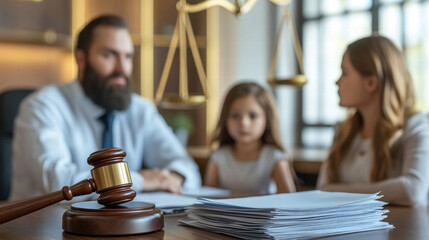 Divorce lawyer mediation meeting with attorney, couple discussing children, property, and family matters in calm and happy environment