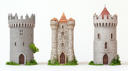 Three Stone Towers 3D Render, Medieval Architecture, Fantasy Concept, Game Asset. Castle, Tower
