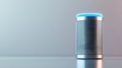 Smart Speaker Product Render Cylindrical Design, Minimalist Background, Blue Light, AI Voice Assistant Smart speaker, voice assistant
