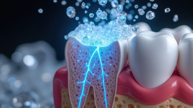 3D illustration of tooth with glowing roots and bubbles, symbolizing dental health and care. vibrant representation of oral hygiene