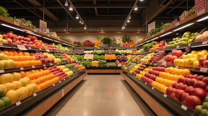 Fresh fruits and vegetables arranged in colorful displays at grocery store, creating vibrant shopping experience
