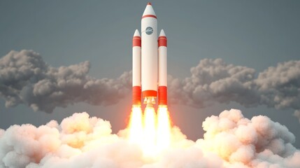 Rocket Launch 3D Render, Spacecraft Ascent Through Clouds, Space Exploration Space travel, rocket launch