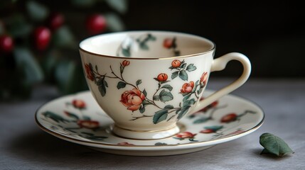 Elegant teacup and saucer with floral design on a table.