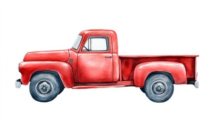 Red Vintage Pickup Truck Watercolor Painting, Side Profile, Rustic Farm Concept, Red Truck Illustration Vintage Truck, Watercolor Painting