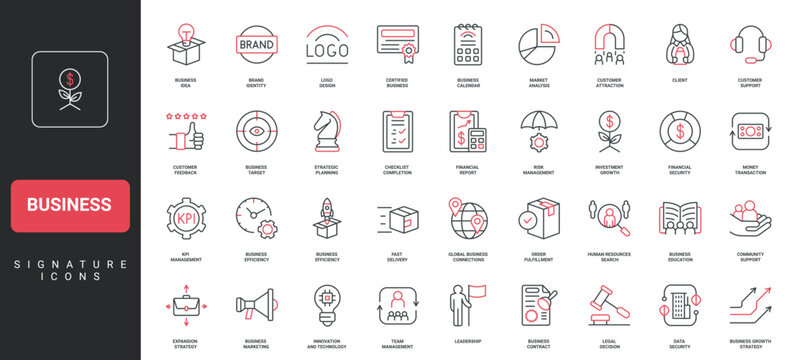 Business, corporate company marketing and market analysis, team organization line icon set. Brand identity, product and client support, leadership thin black and red outline symbol vector illustration