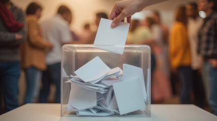 hand placing ballot into transparent box filled with votes, symbolizing democracy and participation