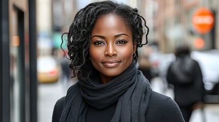 Fototapeta premium Confident woman city street portrait, blurred background, autumn