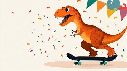 Happy T-Rex Skateboarding Birthday Party Illustration, Digital Art, Colorful Confetti, Dinosaur, Skateboard Dinosaur, Birthday