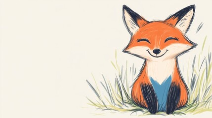 Obraz premium Happy Fox in Grass Sketch Style Illustration, Digital Painting, Cute Animal Concept, Fox Art Fox, Illustration