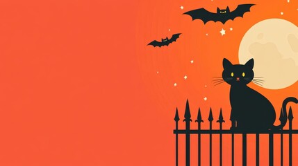 Obraz premium Halloween Black Cat on Fence, Orange Background, Bats, Moon, Silhouette Illustration, Halloween Decor, Spooky Night Halloween