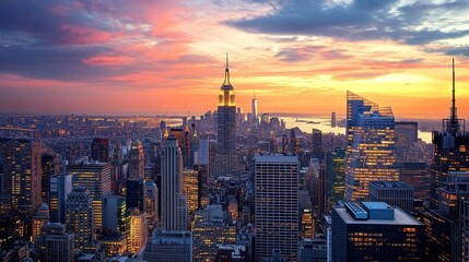 Panoramic view of the cityscape with skyscrapers at sunset, great for advertising tourist destinations and city events.