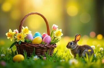 Easter scene with beautiful spring landscape, basket with multi -colored eggs, flowering daffodils and tulips, rabbit in the grass, warm sunlight