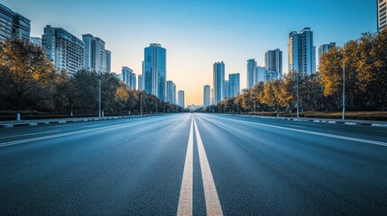Obraz premium Empty asphalt road leading to a modern city skyline at sunrise. (1)