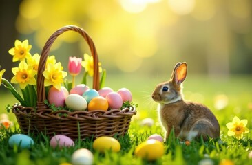 Easter scene with beautiful spring landscape, basket with multi -colored eggs, flowering daffodils and tulips, rabbit in the grass, warm sunlight