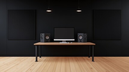 Dark Minimalist Home Studio Setup Computer, Speakers, Wooden Desk, Black Walls, 3D Render Studio Setup, Minimalist Design