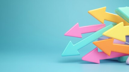 Colorful Arrows 3D Render of Intertwined Leftward Pointers on Blue Background, Choices, Direction,Decision Making Decision, choices