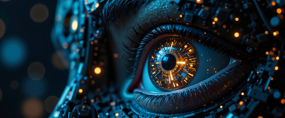 Cybernetic eye with digital effects for AI vision technology and machine learning concepts
