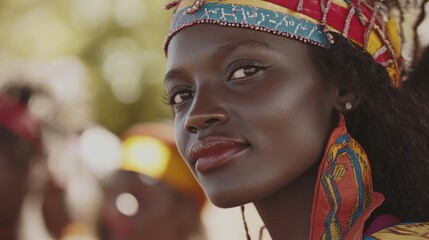 Obraz premium Portrait of a Young African Woman in Colorful Traditional Attire During a Vibrant Festival Celebration