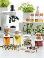 Four Small Glass Jars Of Medicinal Herbs And Oils Arranged On White Laboratory Table With Microscope And Research Equipment
