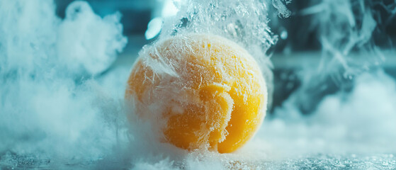 Liquid nitrogen frozen mango ball cracking in 4K slow motion, ice crystals refracting prismatic light, cinematic footage