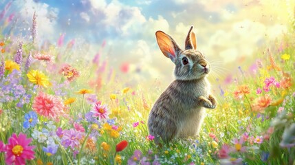 A wild rabbit hopping through a vibrant spring meadow filled with flowers