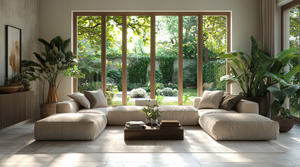 Modern minimalist living room with large windows overlooking a lush garden. Beige sectional sofa, wooden coffee table, and potted plants create a serene and stylish interior. 