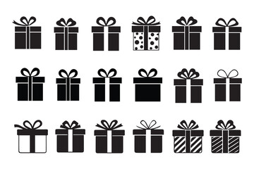 Gift box flat icon set. Surprise gift boxes collection