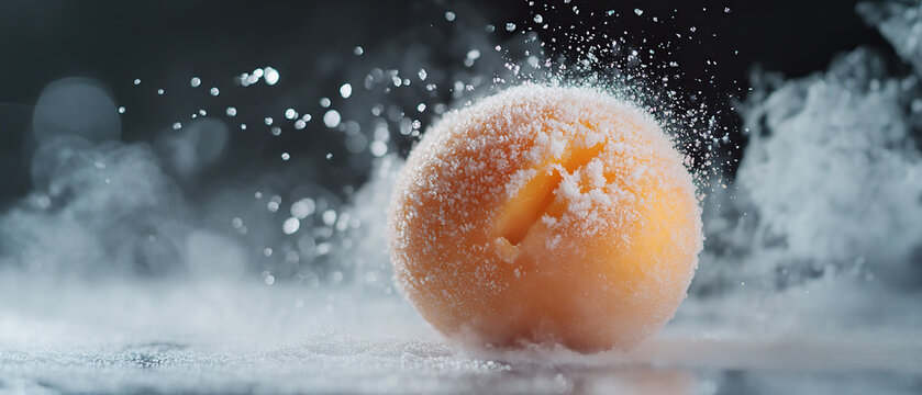 Liquid nitrogen frozen mango ball cracking in 4K slow motion, ice crystals refracting prismatic light, cinematic footage
