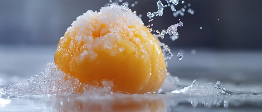 Liquid nitrogen frozen mango ball cracking in 4K slow motion, ice crystals refracting prismatic light, cinematic footage