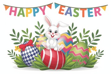 Happy Easter Day Celebration with Colorful Eggs, Spring Flowers, and Festive Decorations – Joyful Holiday Background for Easter Greeting Cards, Banners, Posters, and Seasonal Festivities