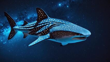 A majestic whale shark gracefully swimming through a starry cosmic backdrop, illuminated by ethereal blue light