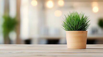 modern indoor plant in wooden pot on wooden table, creating fresh and inviting atmosphere with blurred background lights
