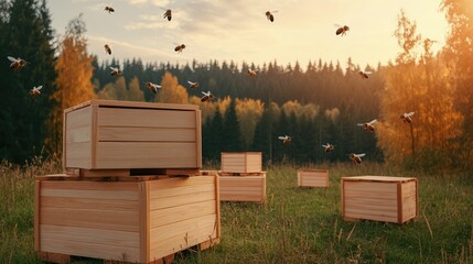 Beekeeping in the forest at sunset with honey boxes and bees flying around in autumn scenery