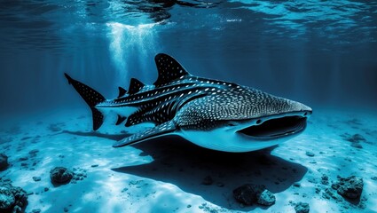 Fototapeta premium A majestic whale shark gliding gracefully through crystal clear blue waters, surrounded by a serene underwater landscape